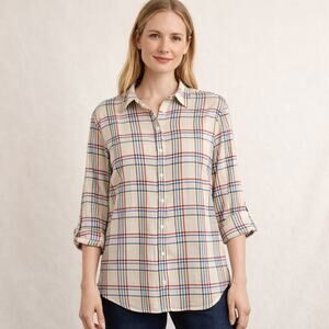 Talbots Plaid Roll Tab Long Sleeve Button Up Shirt Size Large